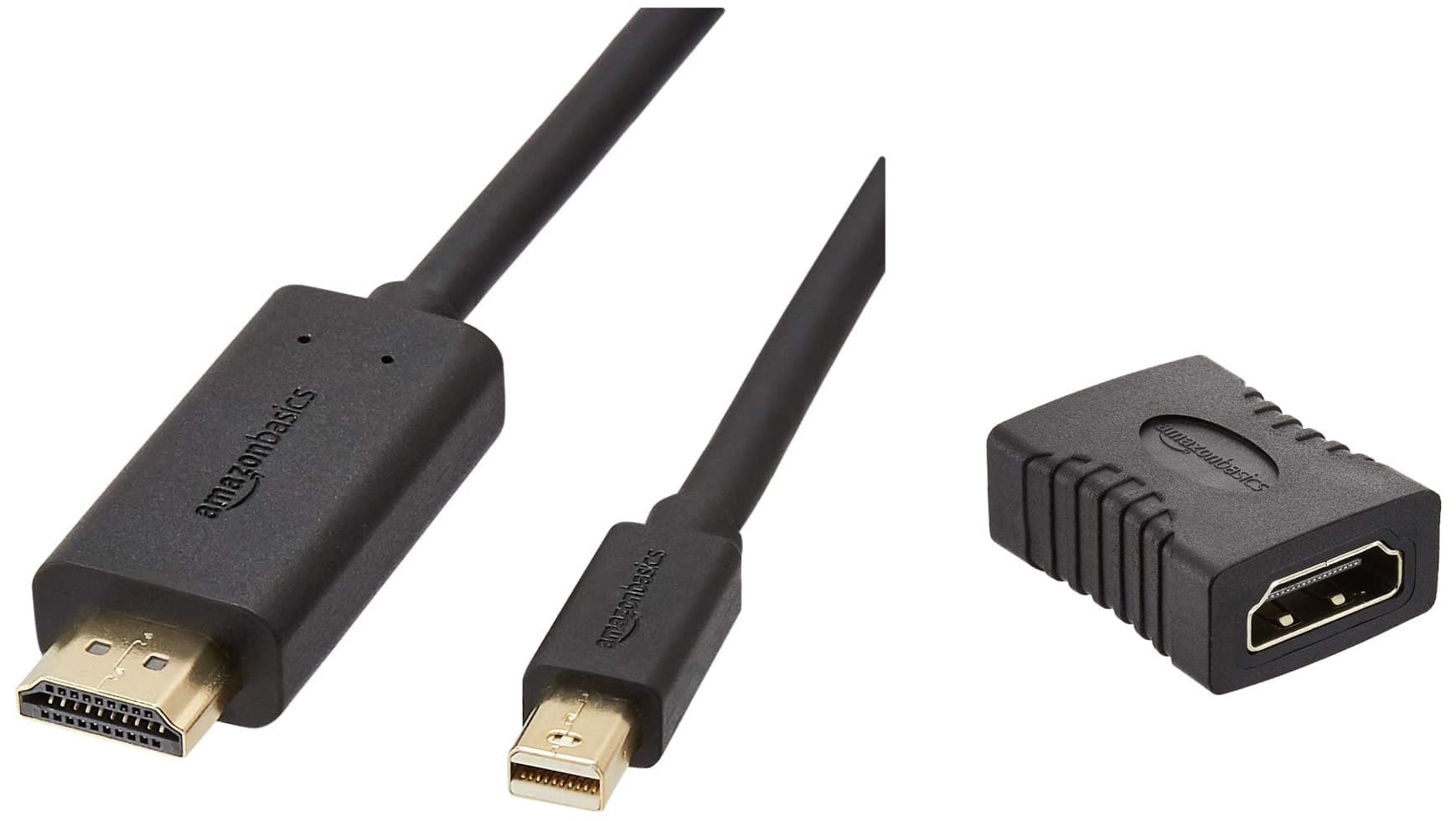 Amazon Basics Mini Display Port to HDMI Cable - 6 Feet, Gold & HDMI Coupler,Black