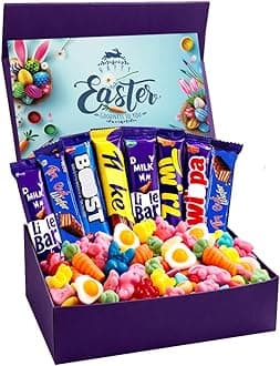 Easter Chocolate Hamper Easter Gift Chocolates Box – 8 Chocolate Bars 300g Easter Sweet Mix in Magnetic Purple Gift Box – Festive Treat Selection for Kids Family Friends