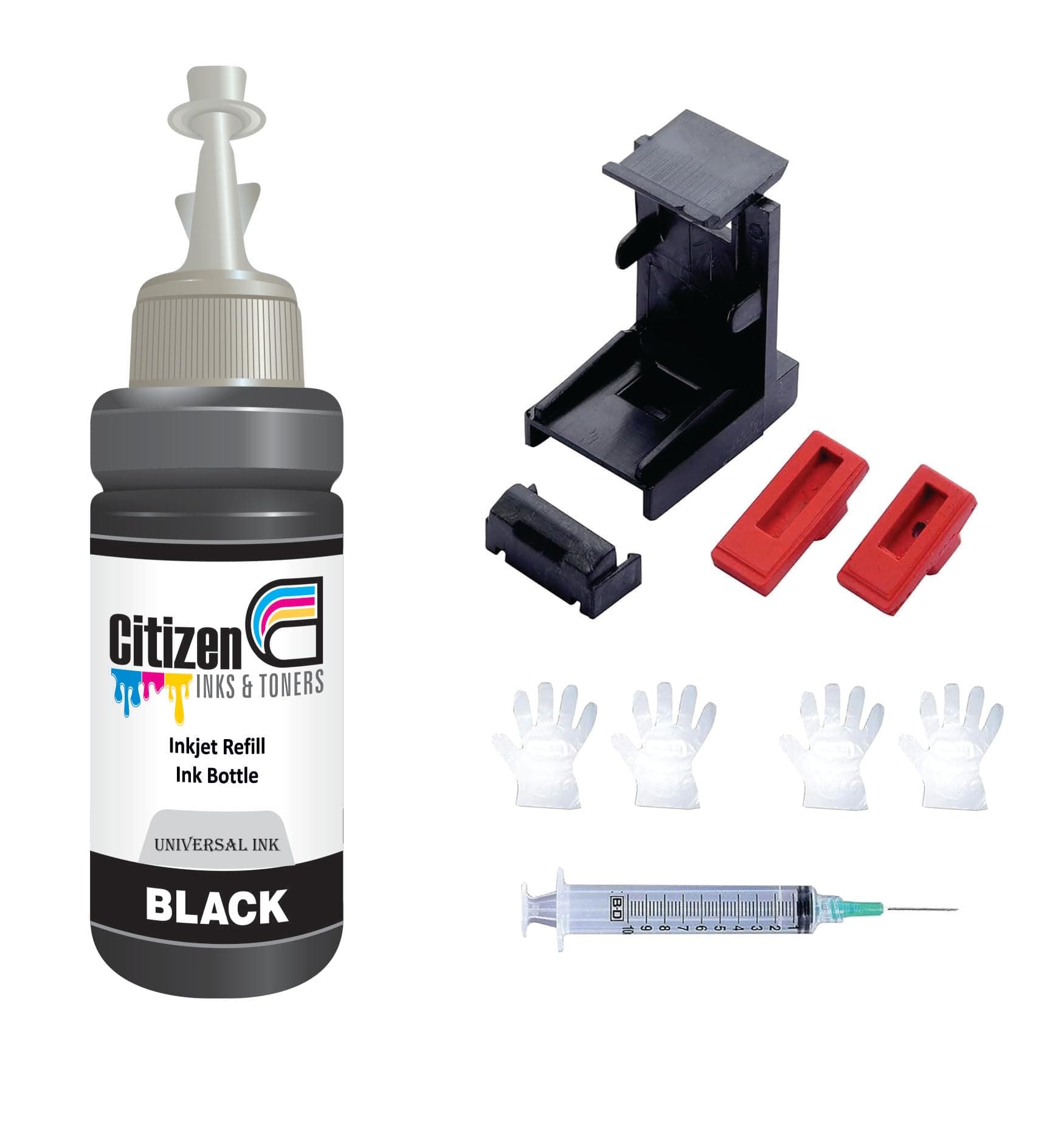 Refill Kit with Suction Tool Combo Pack of High Yield Inkjet Cartridge Ink Refill Compatible for HP and Canon Cartridge Printers - 100ml Per Bottle (1 bk 1 Syringe 1 Suction Tools)