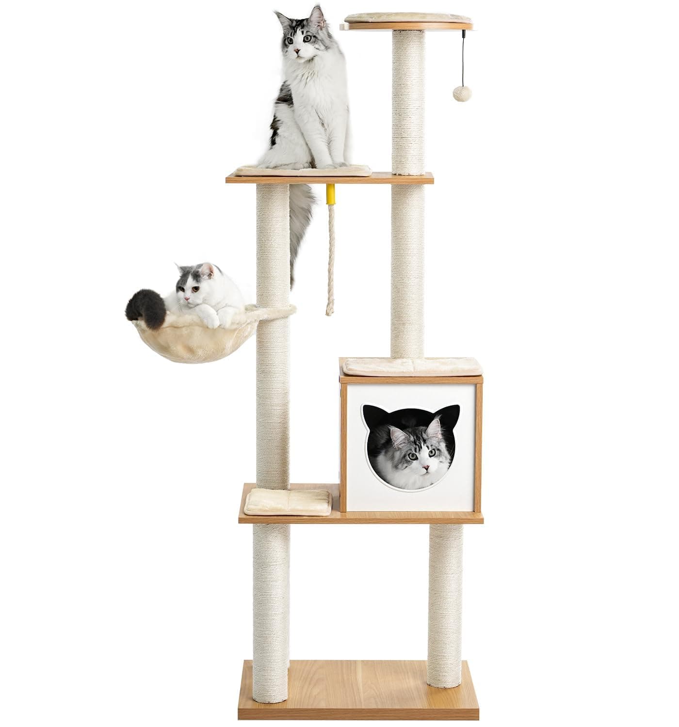 Made4Pets Cat Tree, Modern Cat Tree Tower for Indoor Cats - 65" Tall Wood Condo with Hammock, Scratching Post and Removable Pads for Small Large Cats, Beige