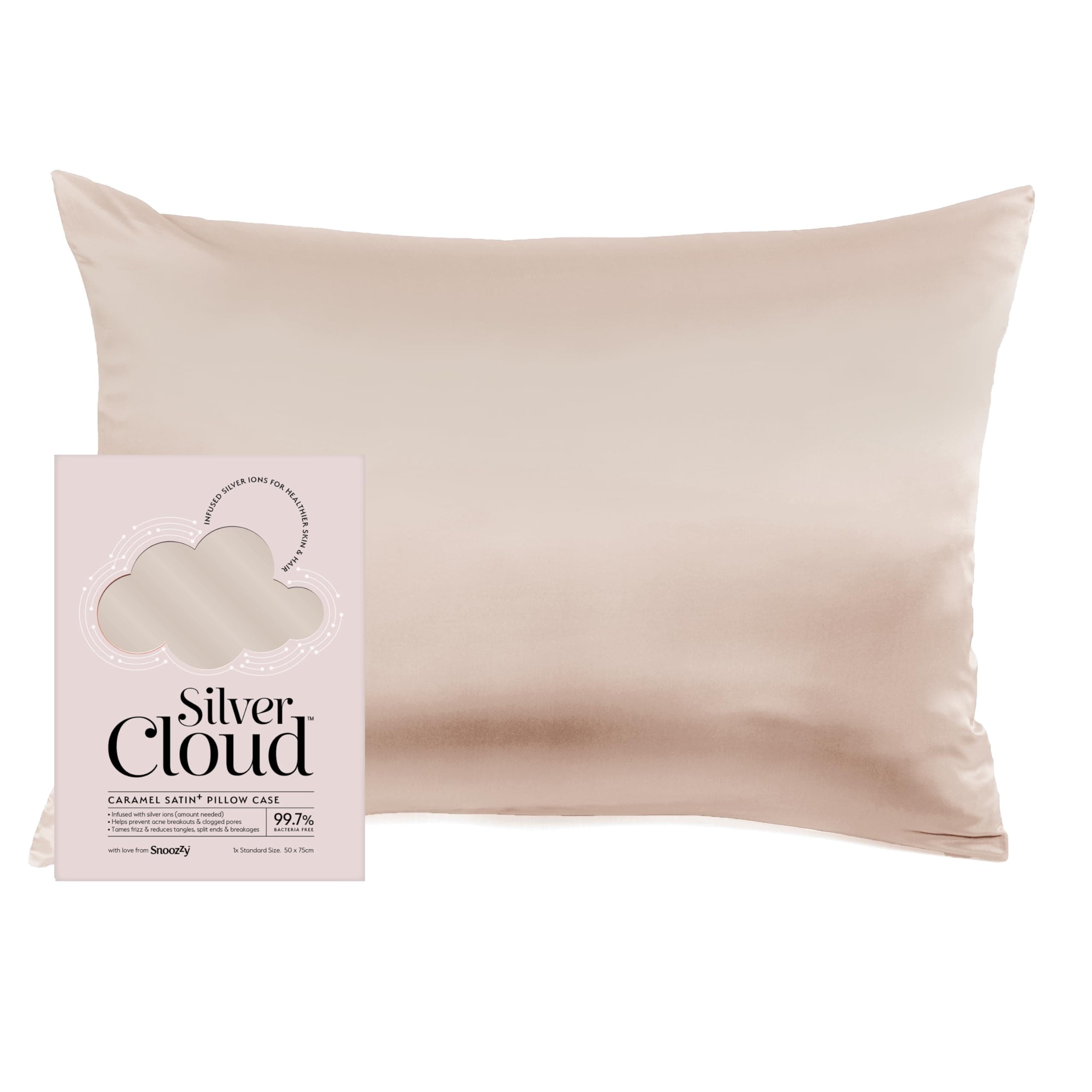 Silver Cloud Satin Pillowcase Infused with Silver Ions, Silky Smooth Pillow Case For Hair & Skin, Standard size 50 x 75 cm With Invisible Zip Closure, Cooling & Comfortable Pillow Cover (Caramel)