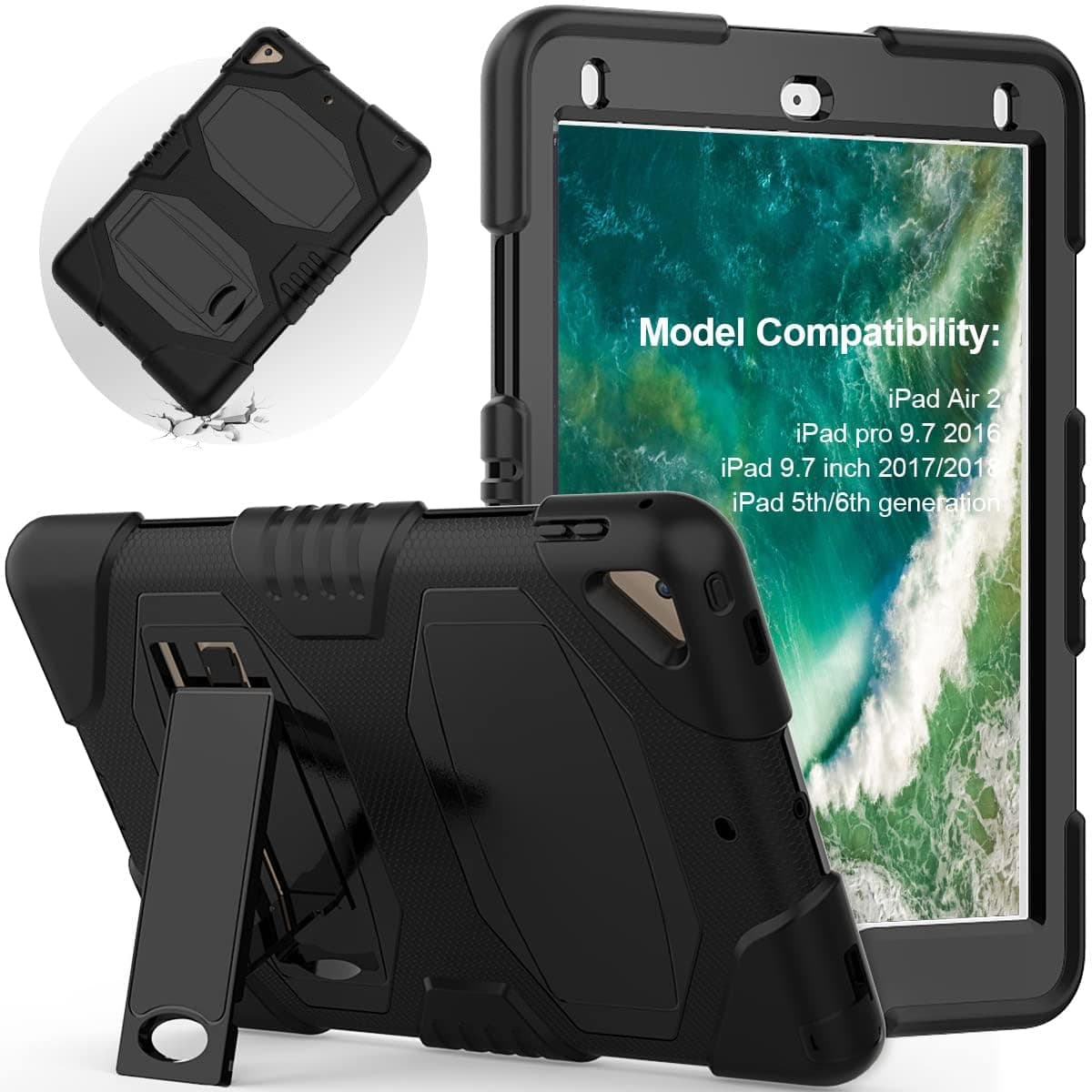 SEYMAC for iPad Air 2/ 5th/6th Generation/iPad Pro 9.7 inch Case, Shockproof Case With Built-in Kickstand for 9.7 inch kids 2018/2017, Black