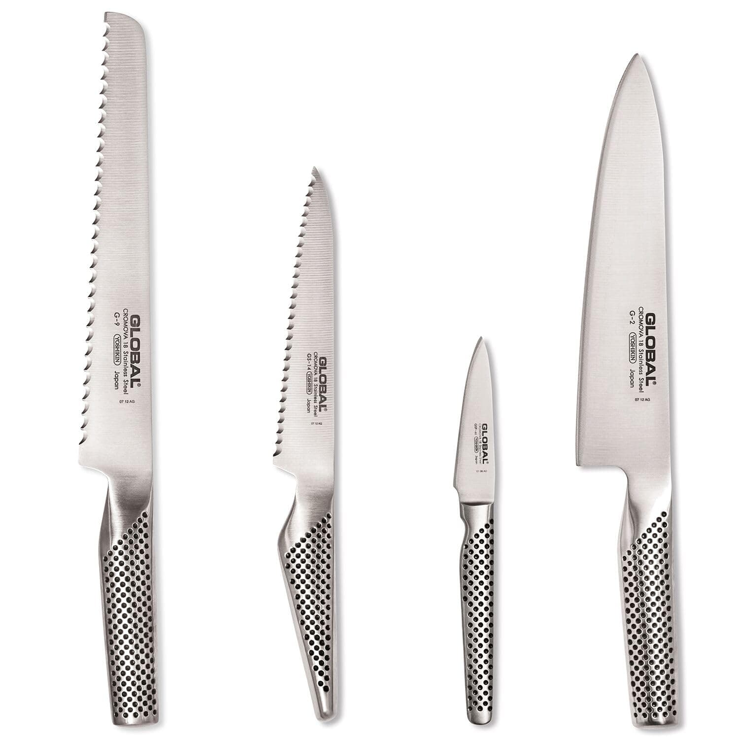 Global4 Piece Knife Set (G-2 Chef, G-9 Bread, GS-14 - Serrated Utility, GSF-46 Forged Paring) - Lightweight Japanese Stainless Steel, Razor-Sharp Edge, Made in Japan, G-291446