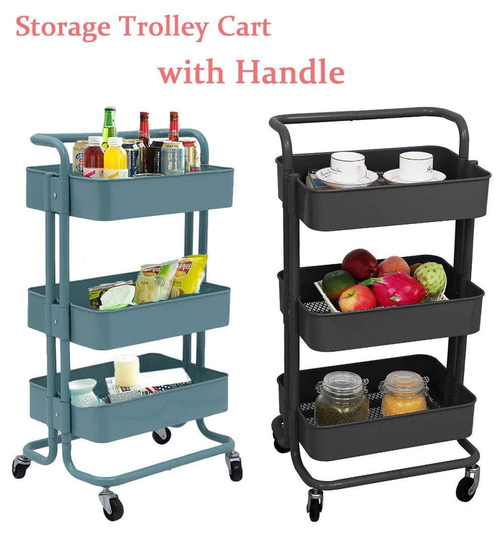 Holaroses All Purpose Shelving,3 Tier Serving Trolley with Handle Metal Mesh Storage Units Rolling Storage Utility Organization Cart for Kitchen & Bathroom,45 * 35 * 79cm (Black)