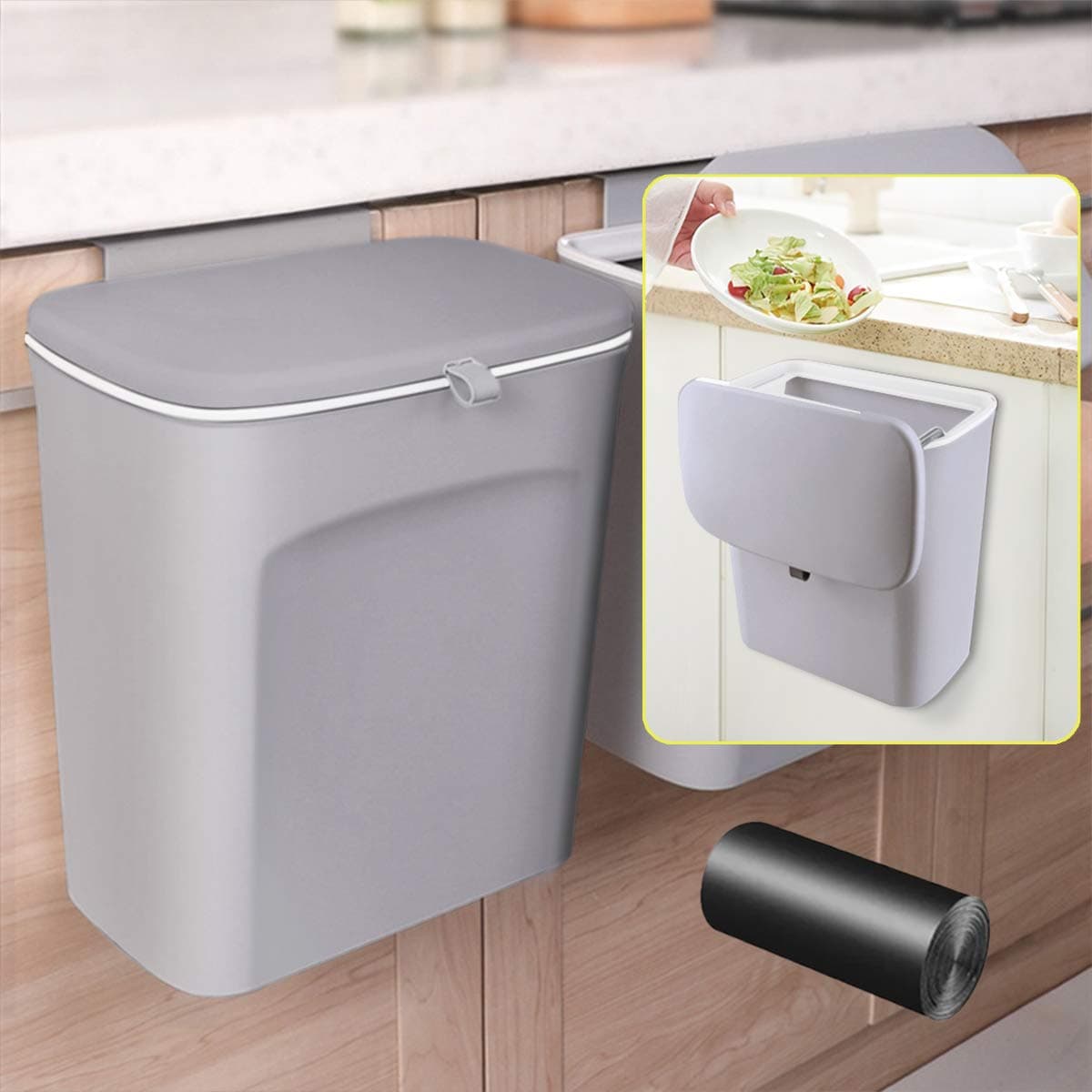 AYADA Hanging Trash/Garbage Can with Lid for Kitchen Cabinet Door in Cabinet Hanging Door Mounted Under Sink Door Trash Bin RV Bathroom (Grey)