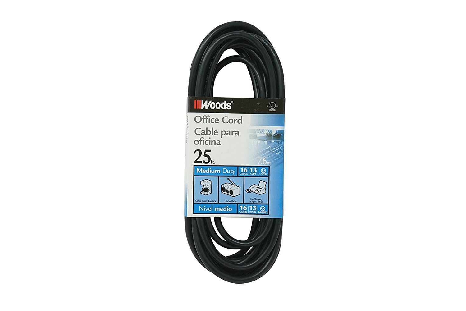 Woods Light Duty Extension Cord - Indoor Power Solution for Office & Household Use - SJTW Extension Cord - 16 Gauge - 3 Conductor - 25 Feet - Black