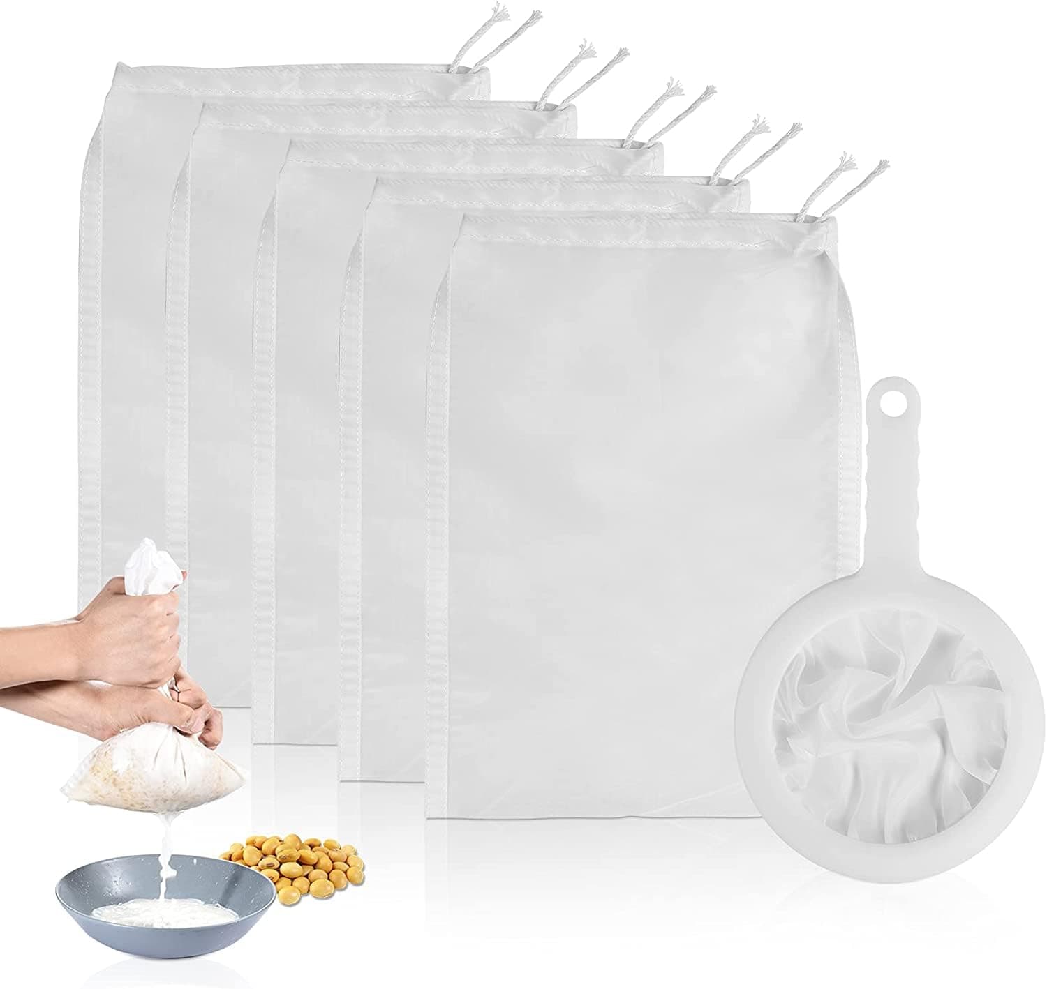 - 6 Pack - 200 Mesh Fine Mesh Strainer & Nut Milk Bags, Reusable Food Strainer - Food Grade BPA-Free - Ultra Strong Fine Nylon Mesh - Nutmilk, Juices, Cold Brew, Tea Coffee, Juice Soy