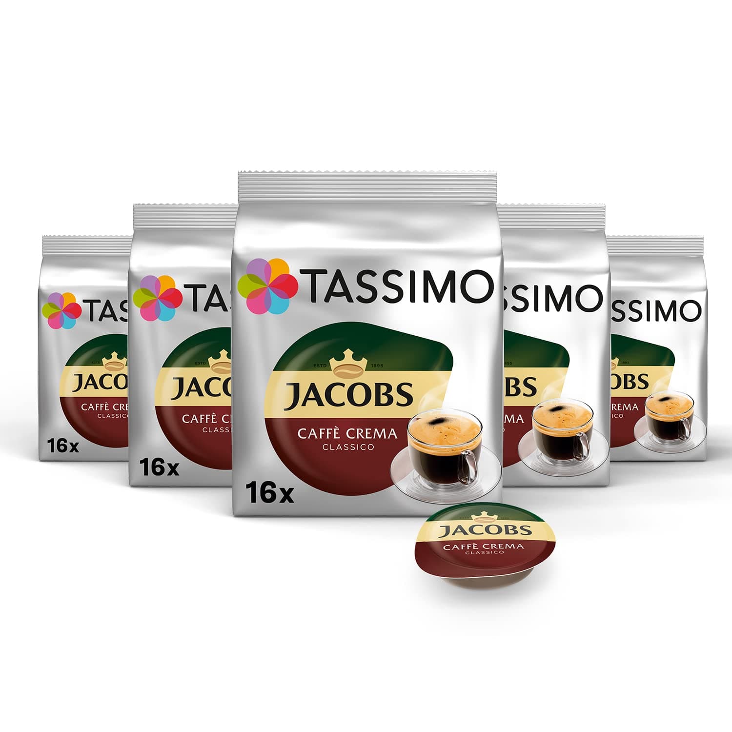 Jacobs Caffe Crema Classico, Coffee with a fine Cream, 5 Pack, 5 x 16 T-Discs