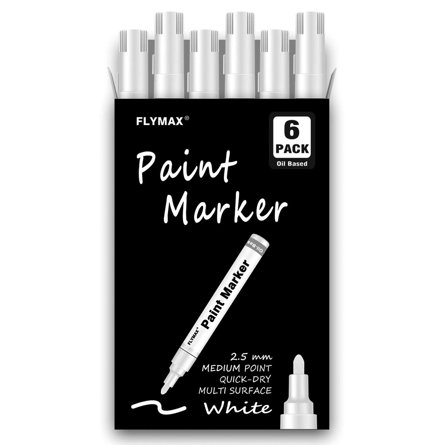FLYMAX White Paint Pens, 6 Pack 2.5mm Medium Tip White Paint Marker Permanent for Wood Rock Plastic Leather Glass Stone Metal Canvas Ceramic Fabric Tire Paint Marker Oil Based