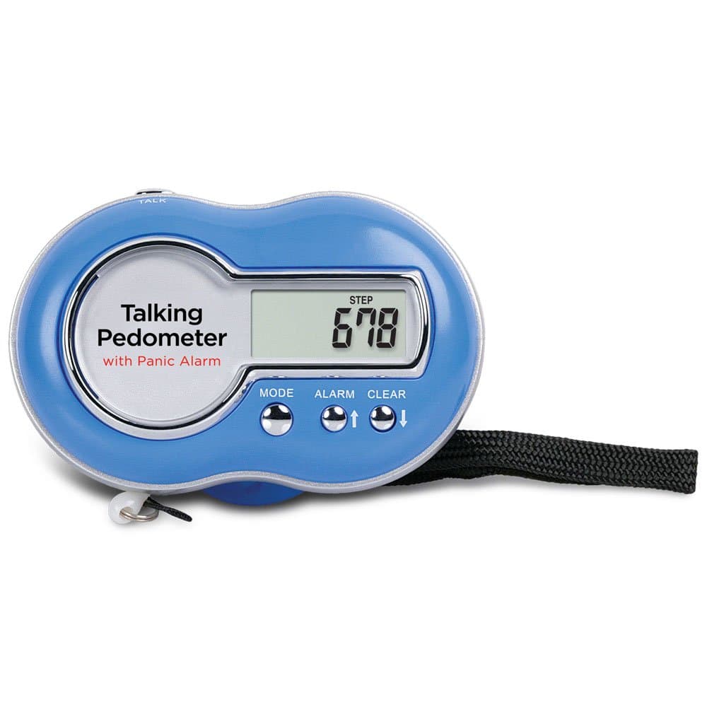 Talking Voice Pedometer with Emergency Alarm and Clock - Blue - Count Your Steps, Distance, Calories While Exercising
