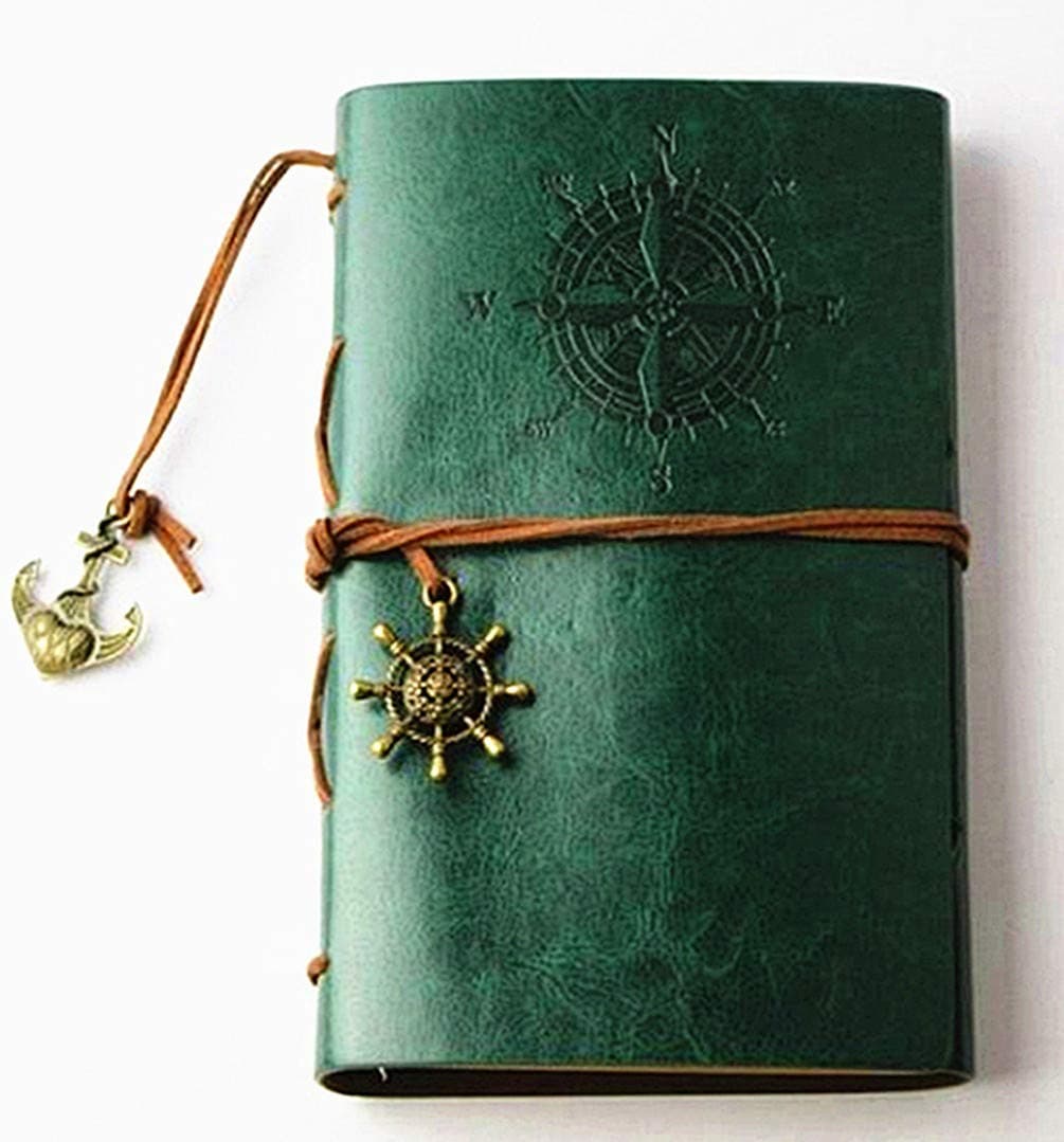 Vintage Nautical Leather Writing Journal Notebook,Loose Leaf Blank Refillable Daily Planner Embossed Travel Journal Diary Spiral Notebook With Unlined Paper, Retro Pendants (5 inches, Dark green)