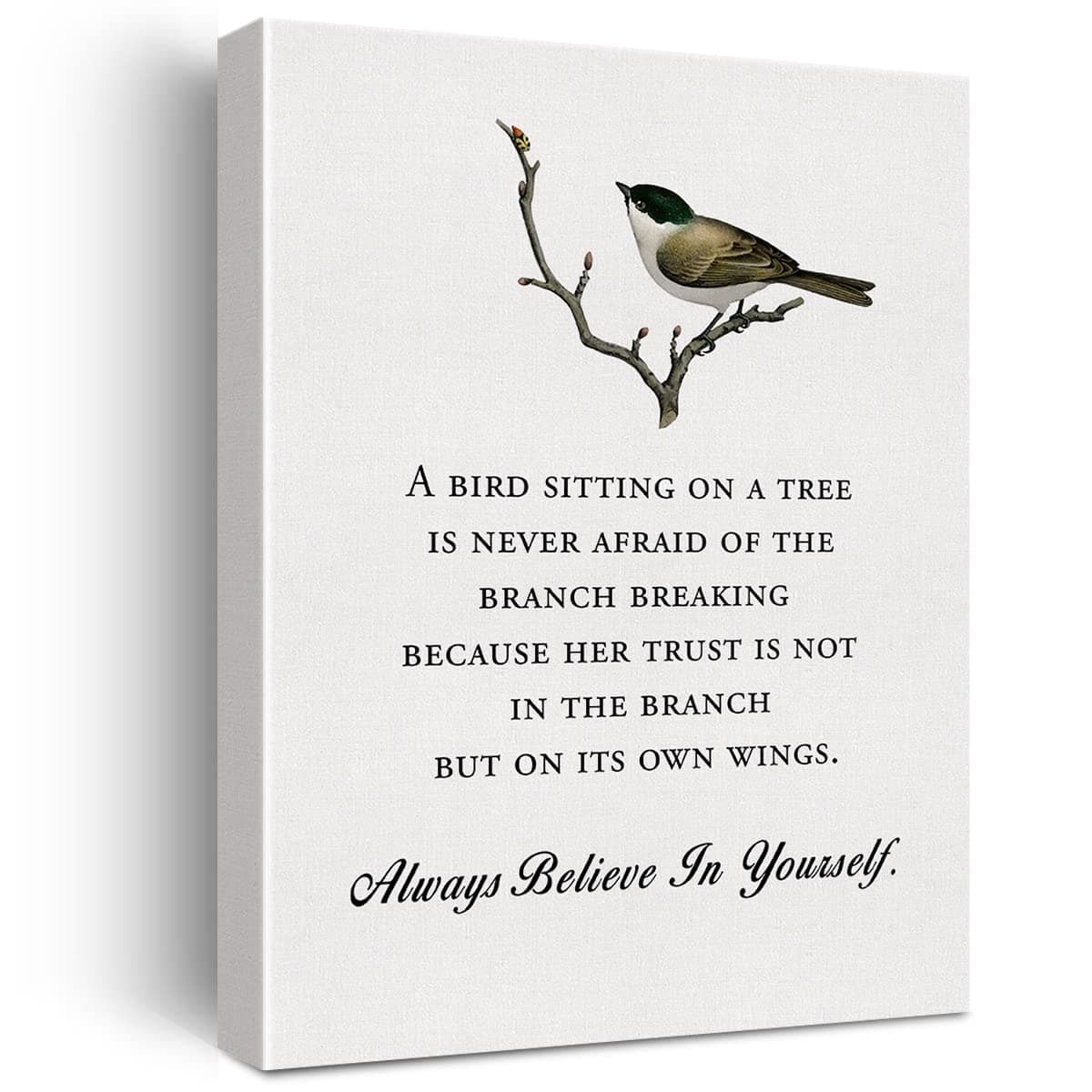 Home Wall Art a Bird Sitting on a Tree is Never Afraid Canvas Print with Inspirational Quote Framed Artwork Painting for Wall & Tabletop Decor Graduation Gifts
