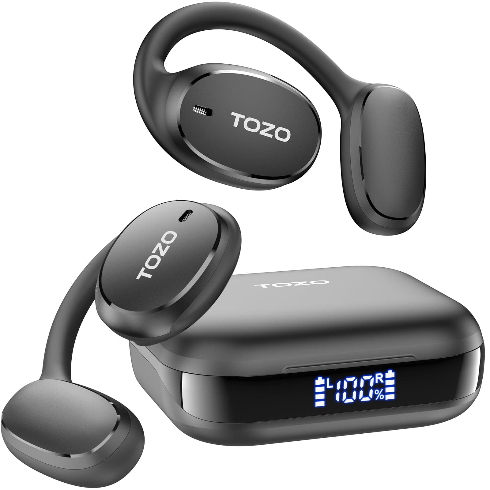 TOZO OpenEgo True Wireless Open Ear Headphone,5.3 Bluetooth Sport Earbuds with Earhooks for Long Time Playback with Digital Display, Dual Mic Clear Call Sweat-Proof for Running Workout Black