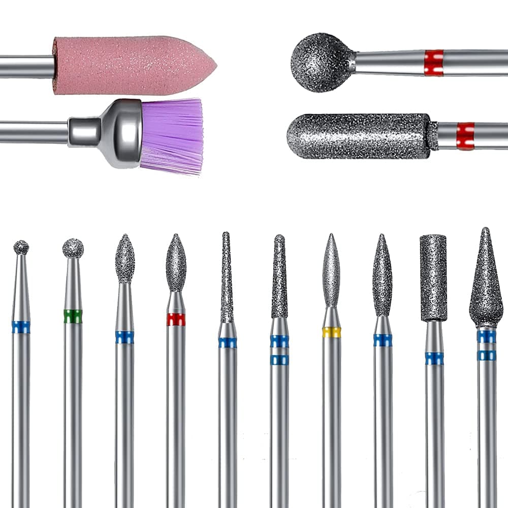 14pcs Nail Drill Bits Set, Professional Rotary Burrs Diamond Cuticle Remover Bits Kit, 3/32" Electric Manicure Nail File Bit for Acrylic Gel Nails Cuticle Manicure