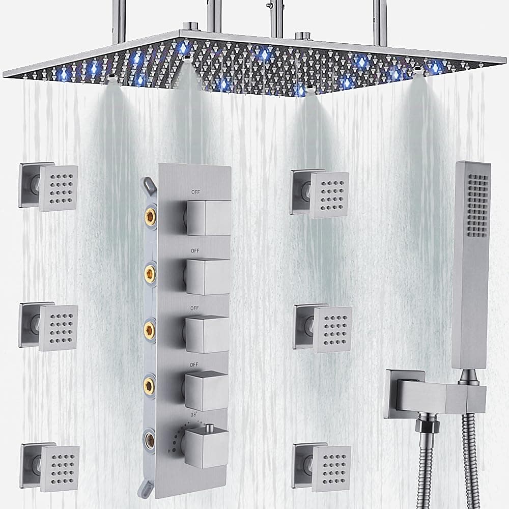 AYIVG Brushed Nickel Rainfall Shower Jets System Ceiling Mounted Full Body Shower Faucets System LED 16" Large Dual Function Shower Head with 6 Body Jets and Handheld Thermostatic Shower System