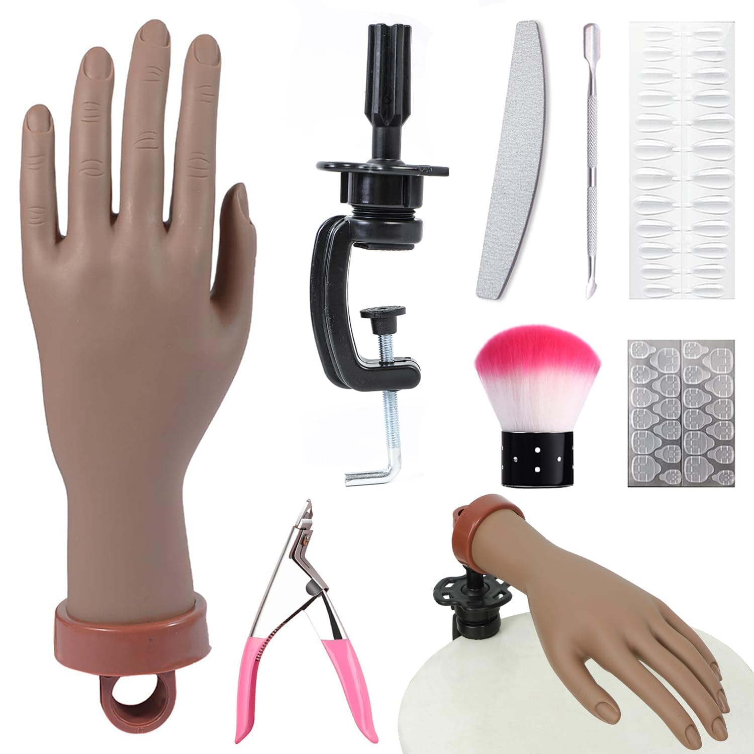 FU SHEN Practice Hand Kit for Acrylic Nails,Flexible Moveable Fake Hands, Manicure Training Hand Nail Kit for Beginners Nail Practice Hand Fake Nails Practice Hand and C- Clamp Holder(Dark Hand)