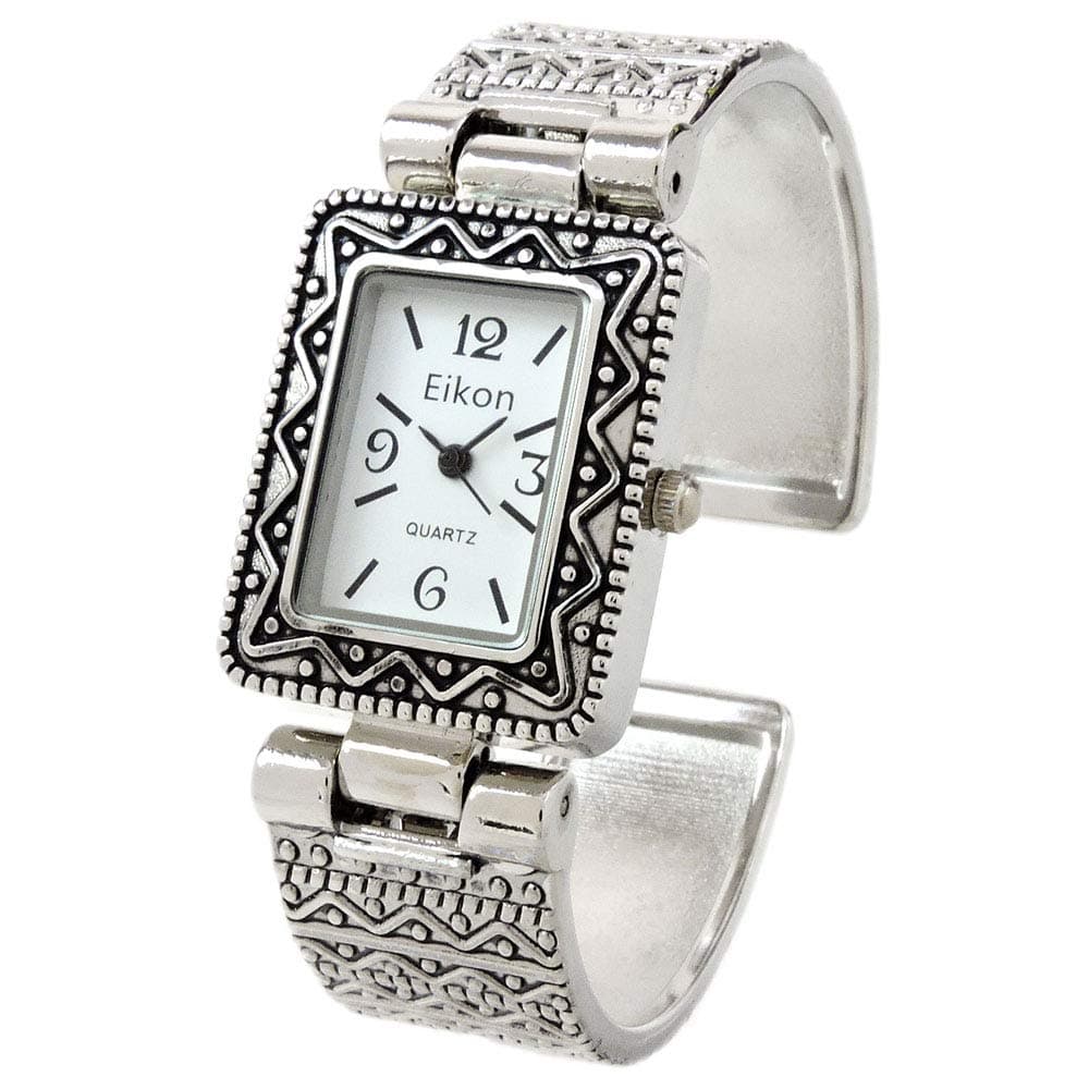 Silver Metal Western Style Decorated Rectangle Face Women's Bangle Cuff Watch