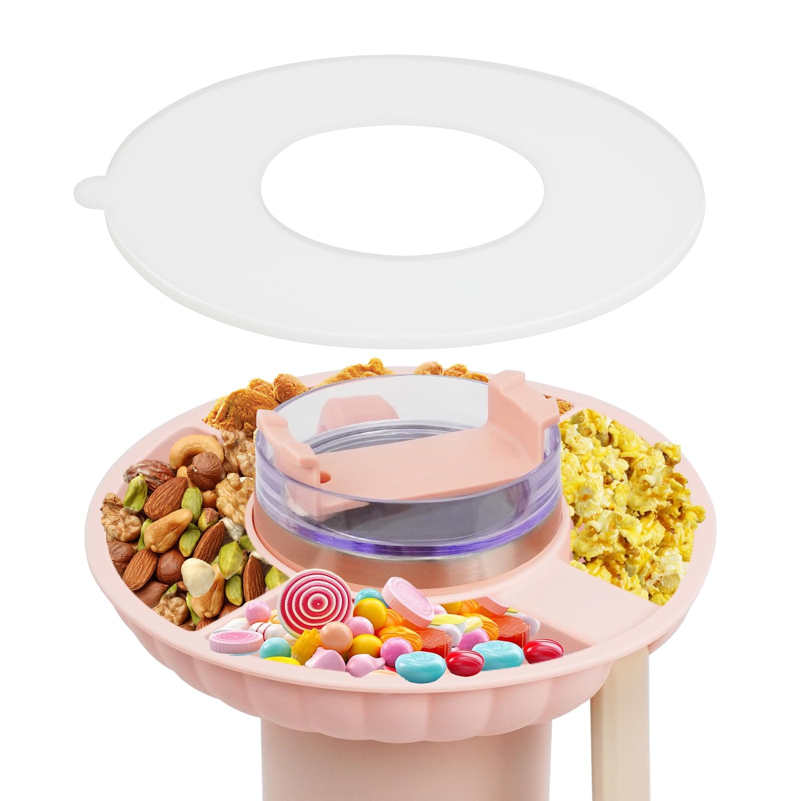 – Snack Bowl for Stanley Cup 40 oz with Handle, Silicone Snack Tray with 4 Compartments, Reusable Stanley Cup Accessories for Candy Popcorn Nuts and Frui (Pink)