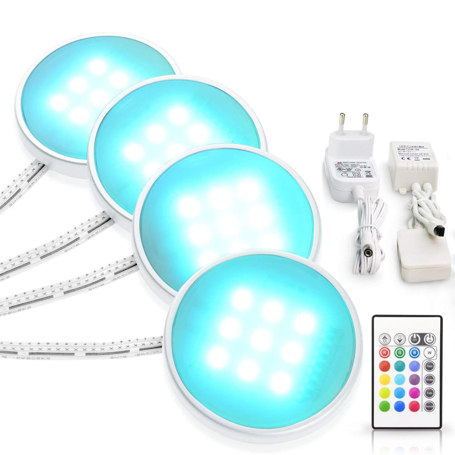 Under Cabinet Lighting LED Puck Lights Kitchen Cabient Lights,Shelf Lighting,Under Counter Lighting,Color Changing and Dimmable Remote,16 Colors,4 Modes,4-Pack