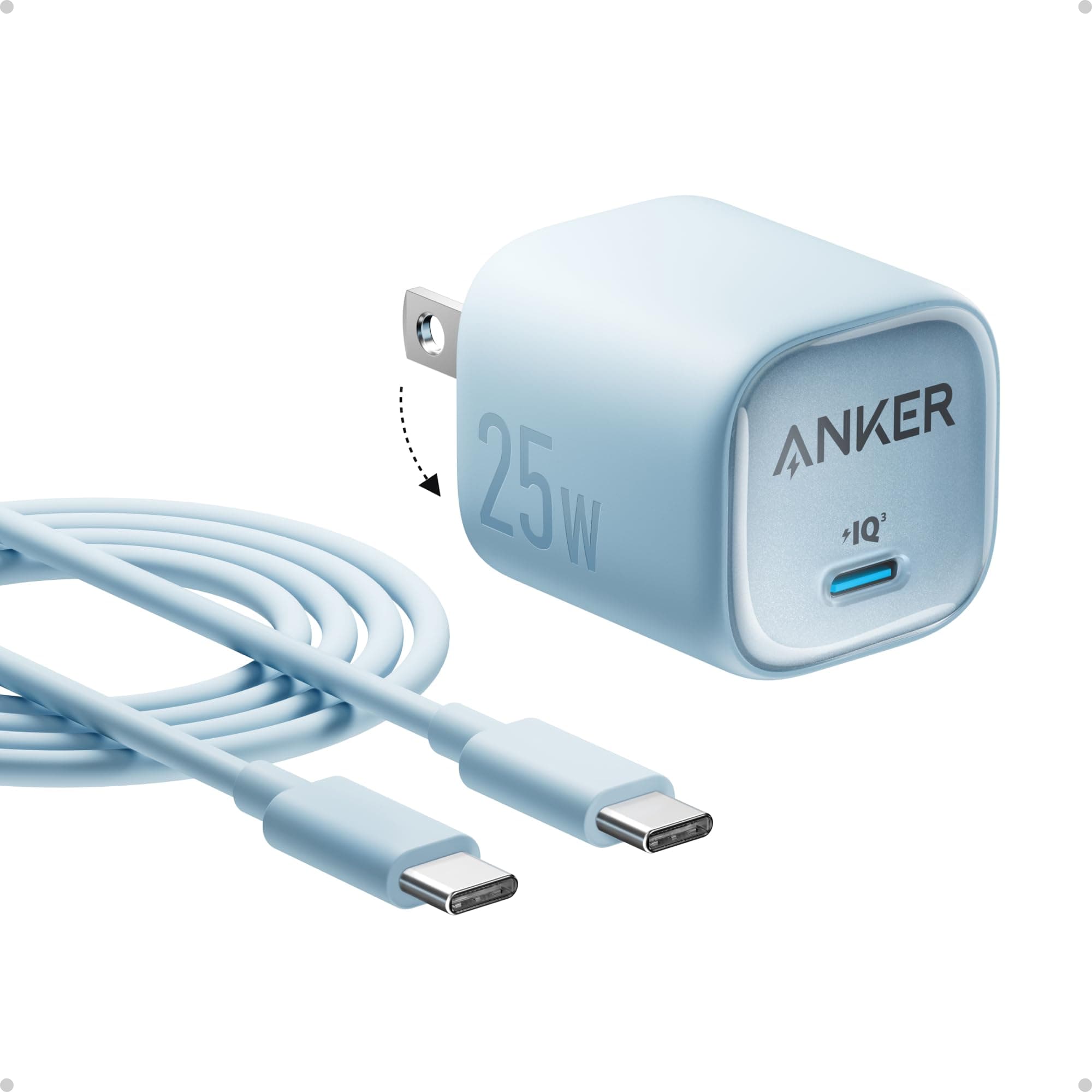 Anker 25W USB C Charger Block, Compact and Foldable, Supports PPS Fast Charging for Galaxy S24/Z Fold/Z Flip/Tab, iPhone 17/16 Series, iPad (Blue)