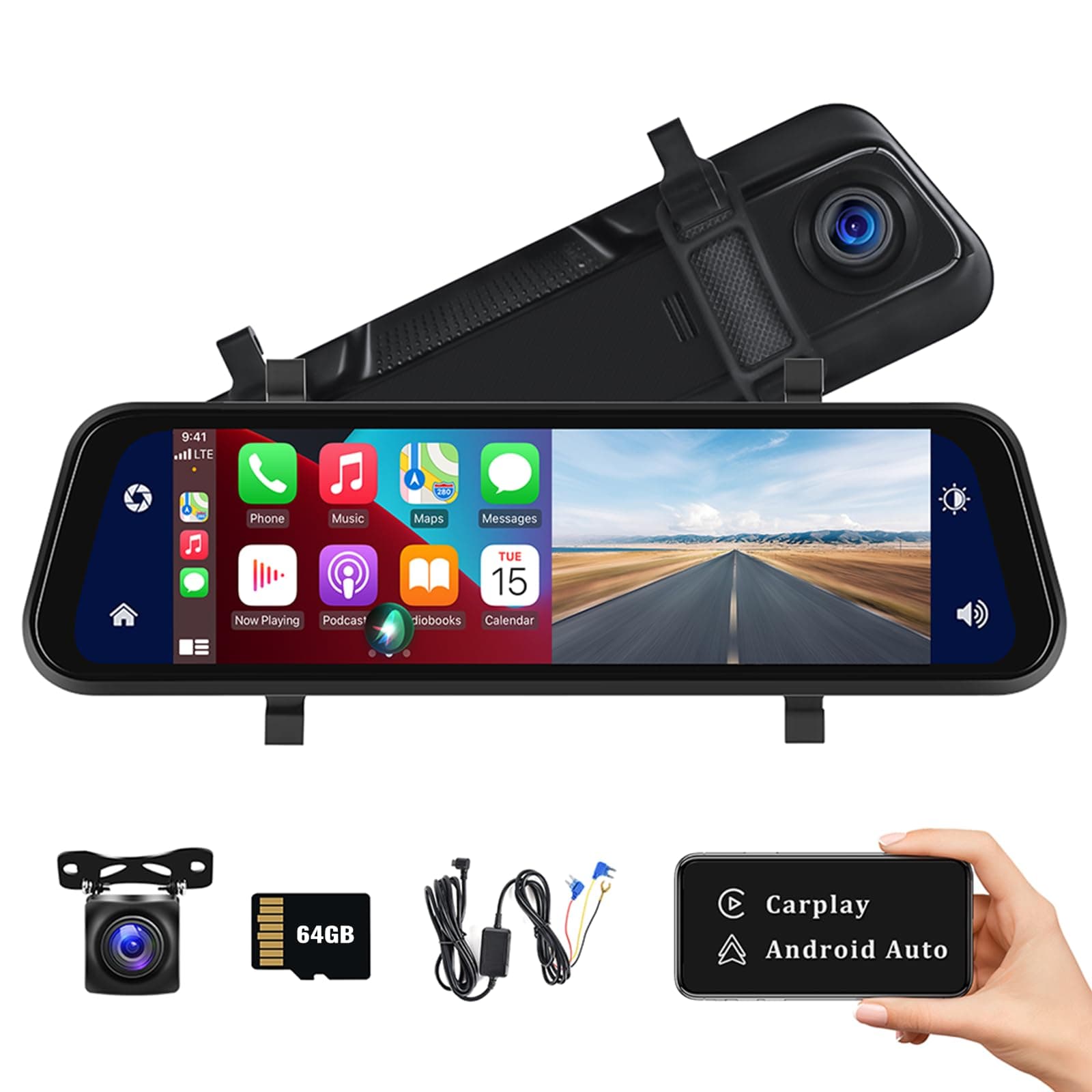 Rear View Mirror Camera with Carplay&Android Auto,9.66" 1080P Mirror Dash Cam Front and Rear with Voice Control,Night Vision,Parking Monitoring,Reverse Assist Free 64GB Card for Cars&Trucks