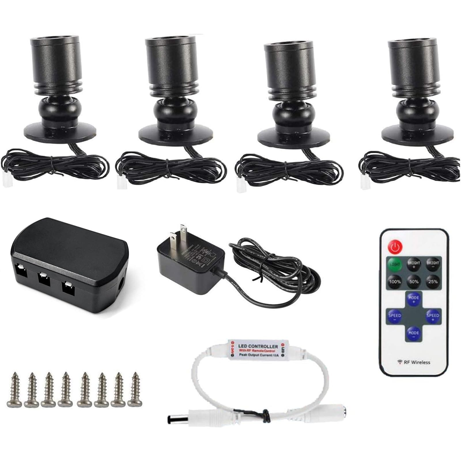 DEDC 4pcs LED Mini Spot Light, 3000K Under Cabinet Lights, Jewelry Model Showcase Display Spotlights for Wine Cabinet/Cupboard/Living Room (Warm White-Remote Control-U.S. Plugs-Base Unslotted)