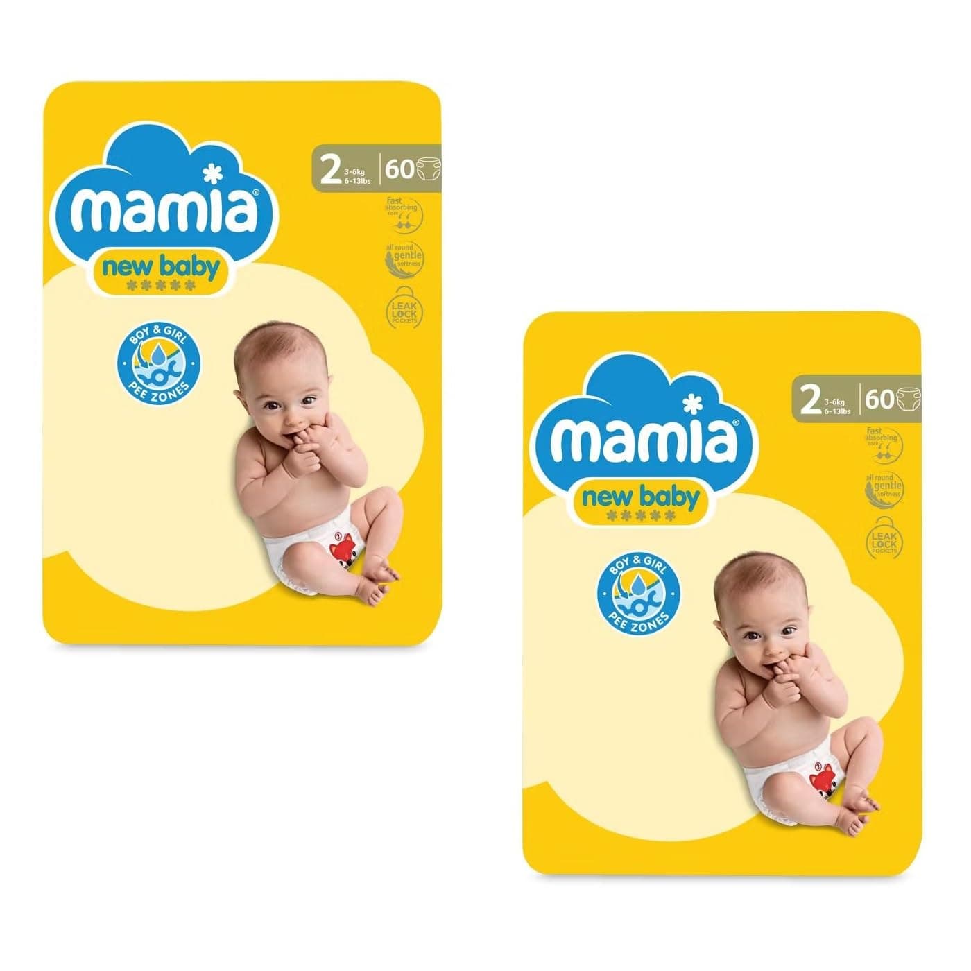 2X Mamia Size 2 Nappies Newborn 60 Pack