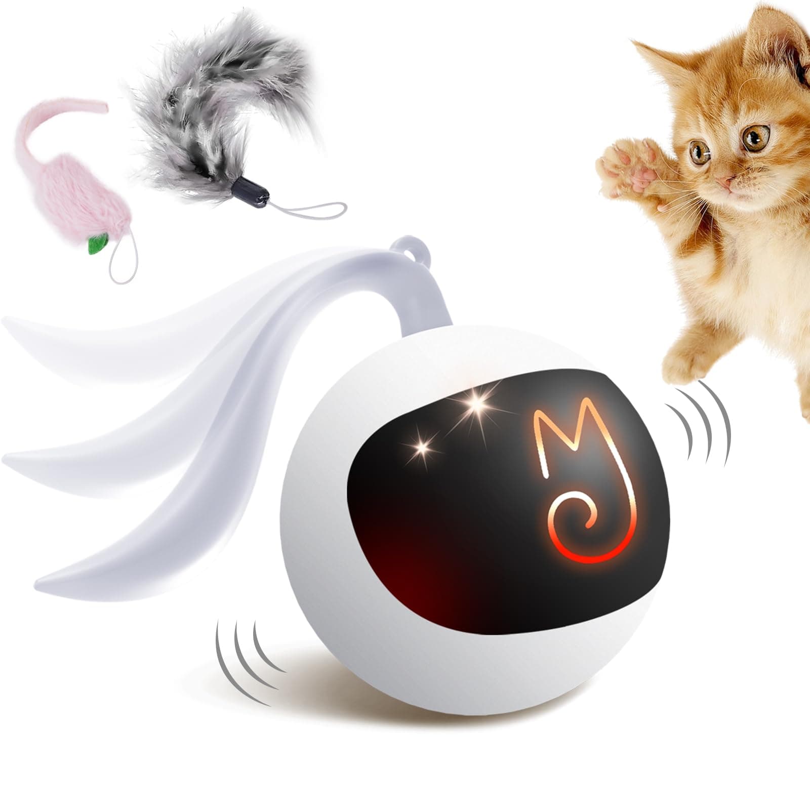 Migipaws Interactive Cat Ball Toy Set, Fun Tracker, Automatic Rolling Chase Ball with Fluffy Tail, A Small Mice, Rechargeable (White)