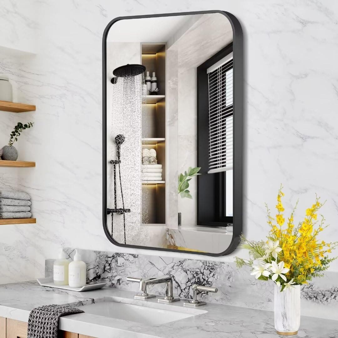 Bathroom Mirrors for Wall / Vanity,Black Framed Makeup Mirror,Wall-Mounted Round Horn Rectangle Seamless Frame Mirror,Large Aluminum Alloy Mirror for Entryway,No Punching,Anti-Rust 12"*16"