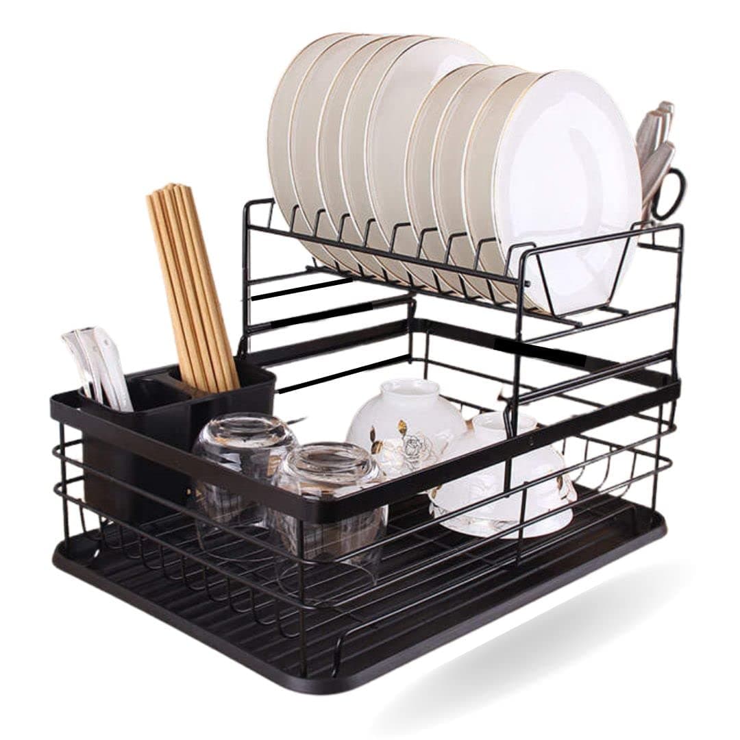 SFIXDish Drying Stand 2 Tiers With Drainer Large Kitchen Dish Rack with Removable Utensil Holder and Cup Holder Baking Paint Process Coatings Dish Drainer