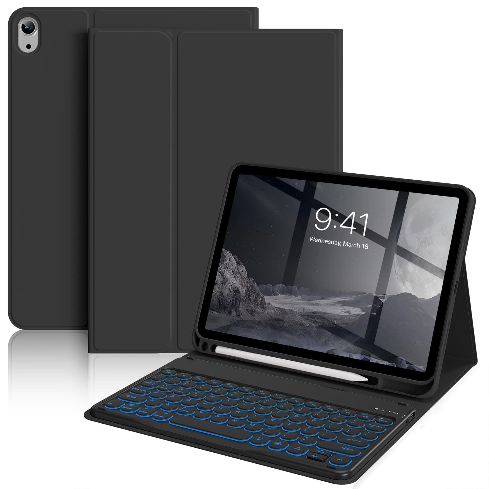 aoub Keyboard Case for iPad (A16) 11th Generation 11-inch 2025, iPad 10th Generation 10.9 inch 2022 with Pencil Holder, 7 Color Backlit Detachable Wireless Bluetooth Keyboard Stand Folio - Black