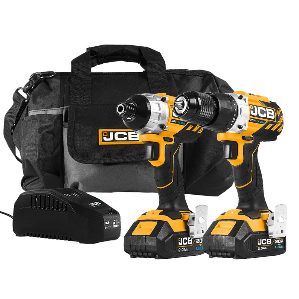 JCB Tools - 20V, 2-Piece Power Tool Set - Brushless Combi Drill, Brushless Impact Driver, 2 x 2.0Ah Batteries, Charger, Tool Bag - For Home Improvements, Long Screw Work, Decking, Drilling, Shelving