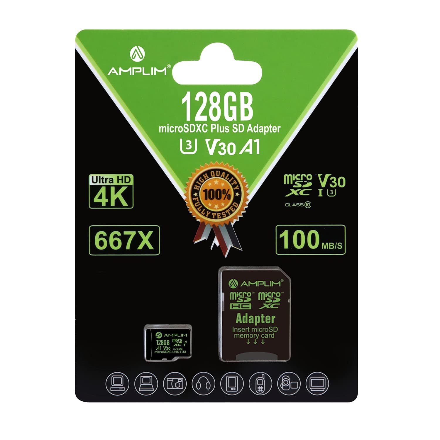 Amplim 128GB Micro SD Card, MicroSD Memory Plus Adapter, MicroSDXC SDXC U3 Class 10 V30 UHS-I TF Extreme High Speed Nintendo-Switch, Go Pro Hero, Surface, Phone Galaxy, Camera Security Cam, Tablet