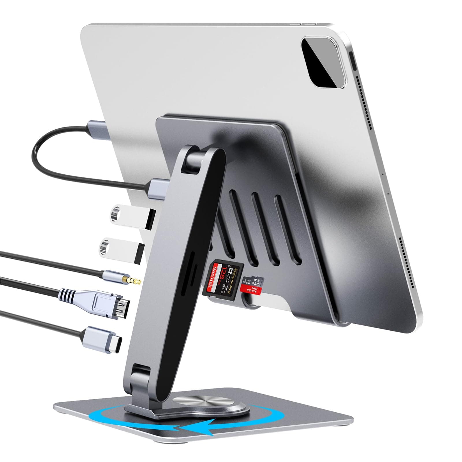 HC Universal Docking Station for iPad Mini Air Pro Galaxy Tab iPhone Adjustable 7-in-1 USB Hub 360Rotatable iPad Stand with USB C Hub 12.9 inch 4K HDMI USB 3.0 PD 100W 3.5mm Audio SD/TF Card Reader