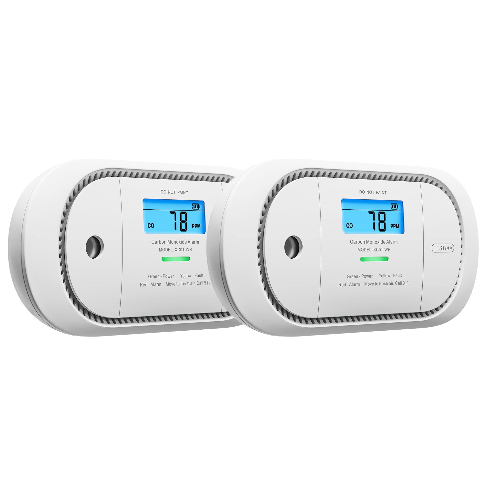 Wireless Interconnected Carbon Monoxide Detector, Replaceable Battery Powered CO Alarm with Digital Display and Peak Value Memory, XC01-WR, Pack of 2