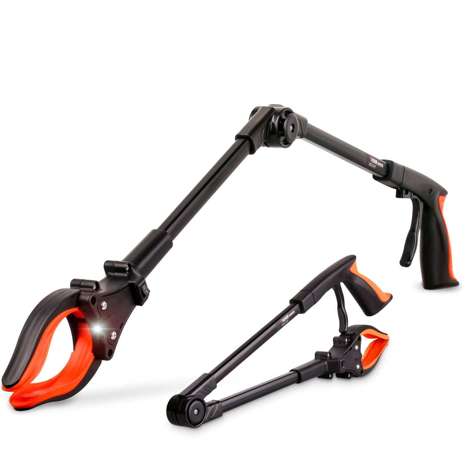 THINKWORK Grabber Reacher Tool, 0°-180° Angled Arm, 90° Rotating Head, 32” Foldable Claw Grabber with"LED Light", Garbage Collector, Arm Extension Picker for Elderly, Pregnant Women&Sanitation Workers