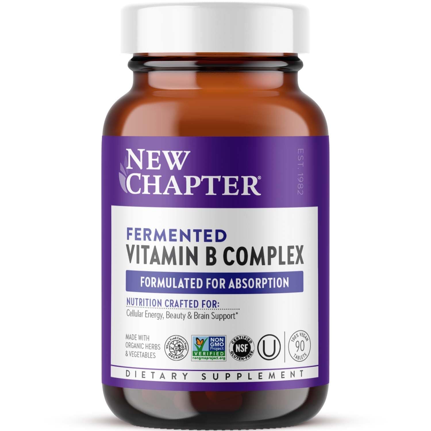 New Chapter Vitamin B Complex, Fermented Vitamin B Complex, Organic, ONE Daily with Whole-Food Herbs + Adaptogenic Maca for Natural Energy + Beauty, 100% Vegan, Gluten-Free - 90 Count