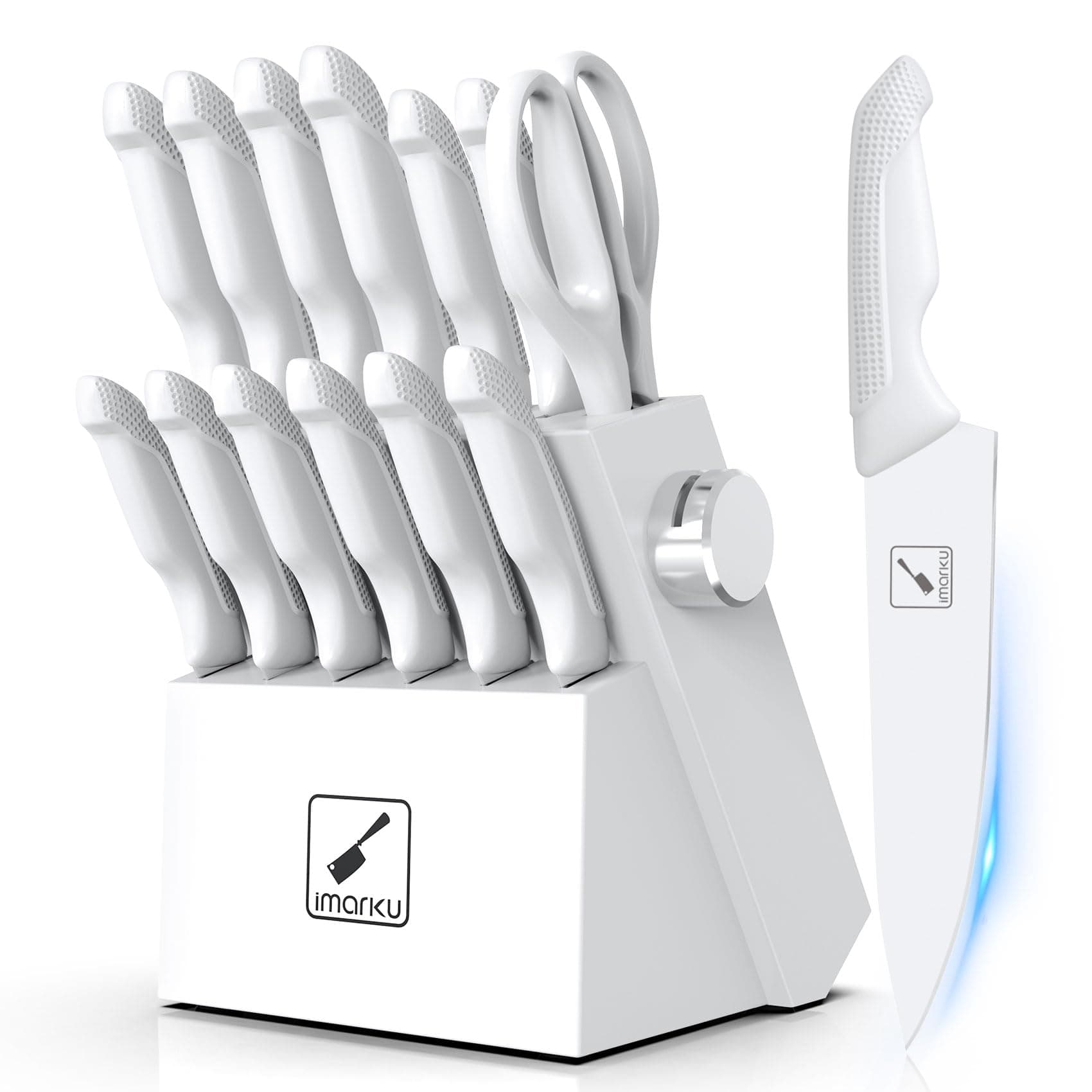 Knife Set White, Sharp Knife Set with Block and Sharpener, Stainless Steel Kitchen Knife Set with Non-Slip Ergonomic Handle, Dishwasher Safe, Best Christmas Gifts for Mom Dad Men Women, 14pcs