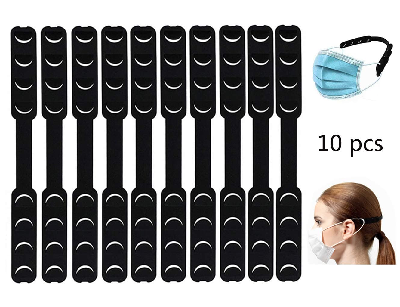 Face Mask Holder Clip Extender Strap, 4-Level Adjustable Hook for Elastic String Ear Looped Mask, Extra Lightweight, Relax & Protect Your Ears - Pack of 10
