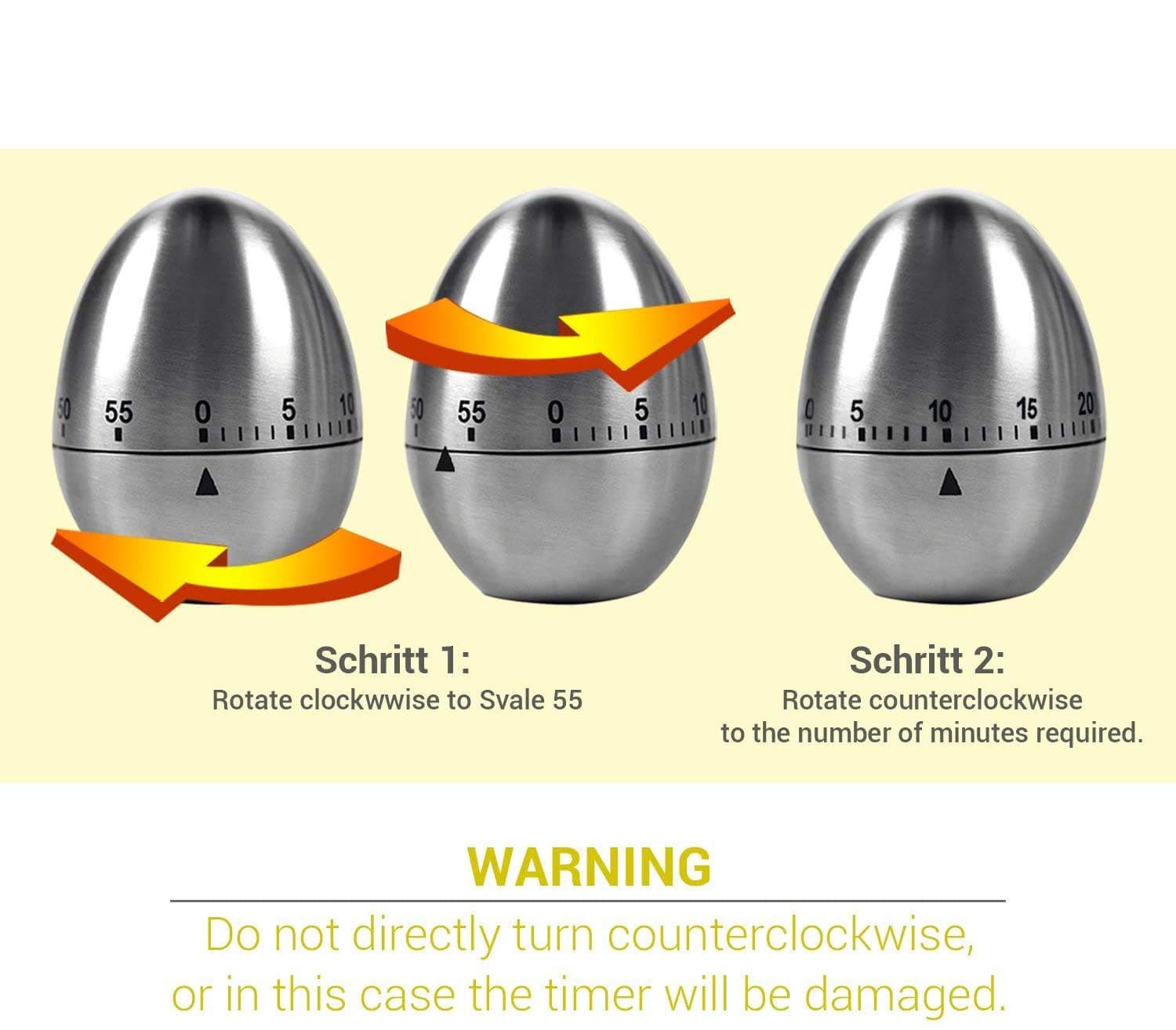 DELFINO Egg Timer in Silver, 1 Pcs Mechanical Stainless Steel Kitchen Timer in Egg Countdown Shape Up to 60 Minutes for Boiling Eggs and More, Cooking Baking Bell Teeth Brushing Short Time Alarm