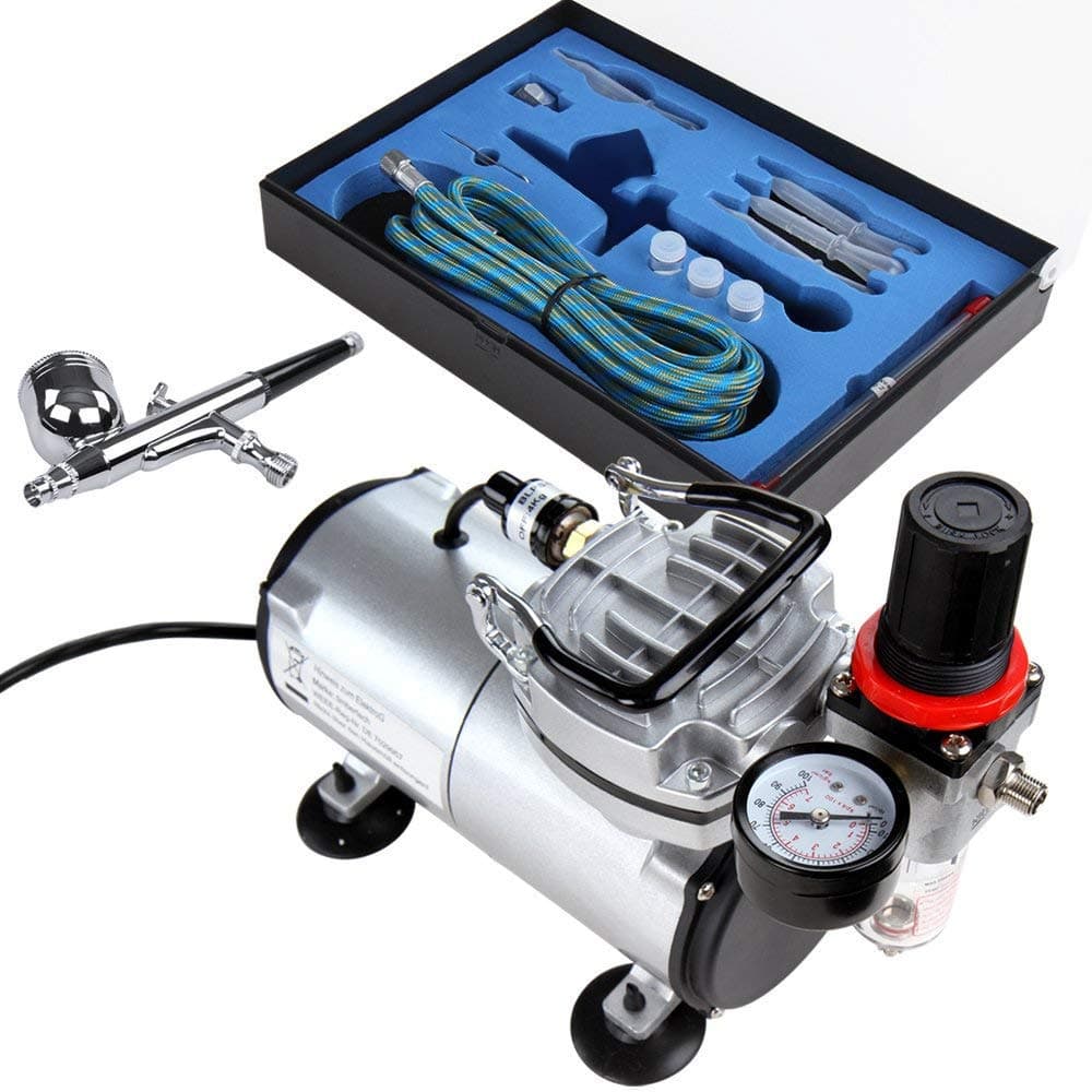 Airbrush Compressor Kit ABPST05, Single Piston Quiet 1/6hp Compressor, Multi-purpose Gravity Feed Airbrush Kit with Airbrush Gun, Hose for Airbrush Paint, Nails, Tattoo,Makeup,Cake Painting