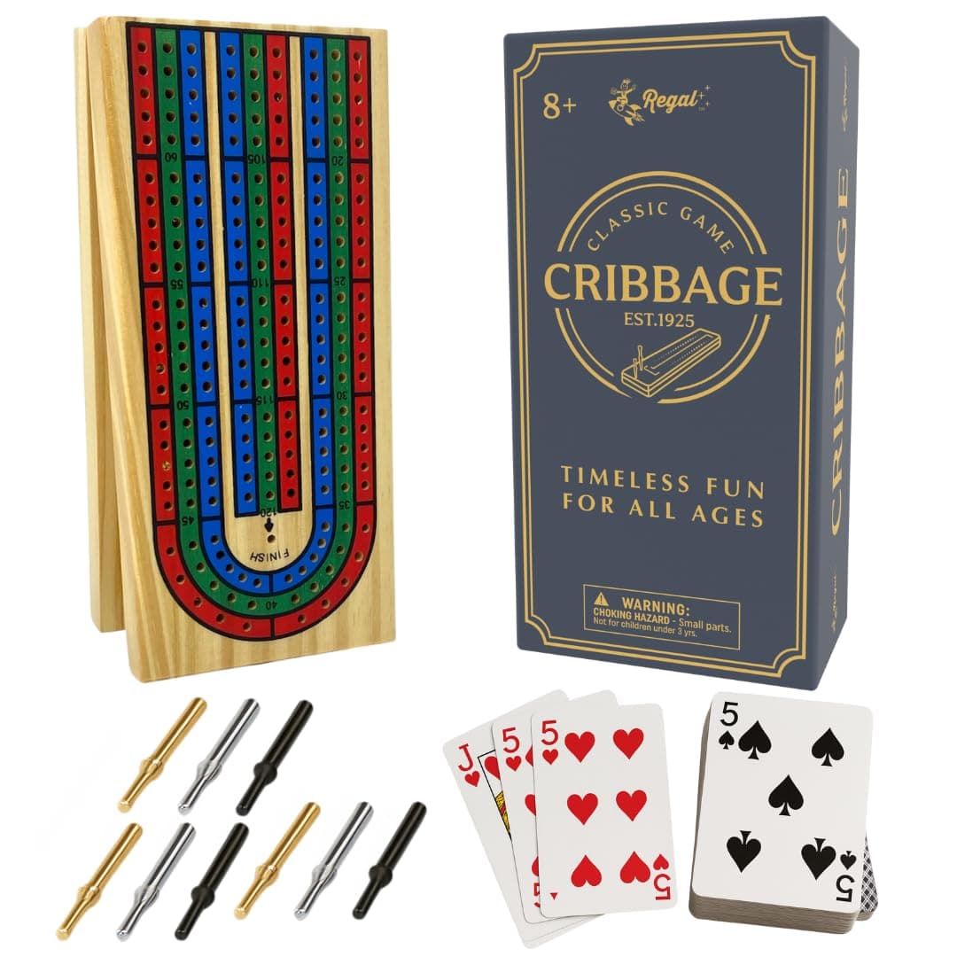 Cribbage Board Game Set w/Storage - Fun Table Game with Wooden Board for Adults & Kids - 9 Metal Pegs, Deck of Playing Cards & 2-4 Player Games - Ideal for Game Night, Travel (Ages 8+)