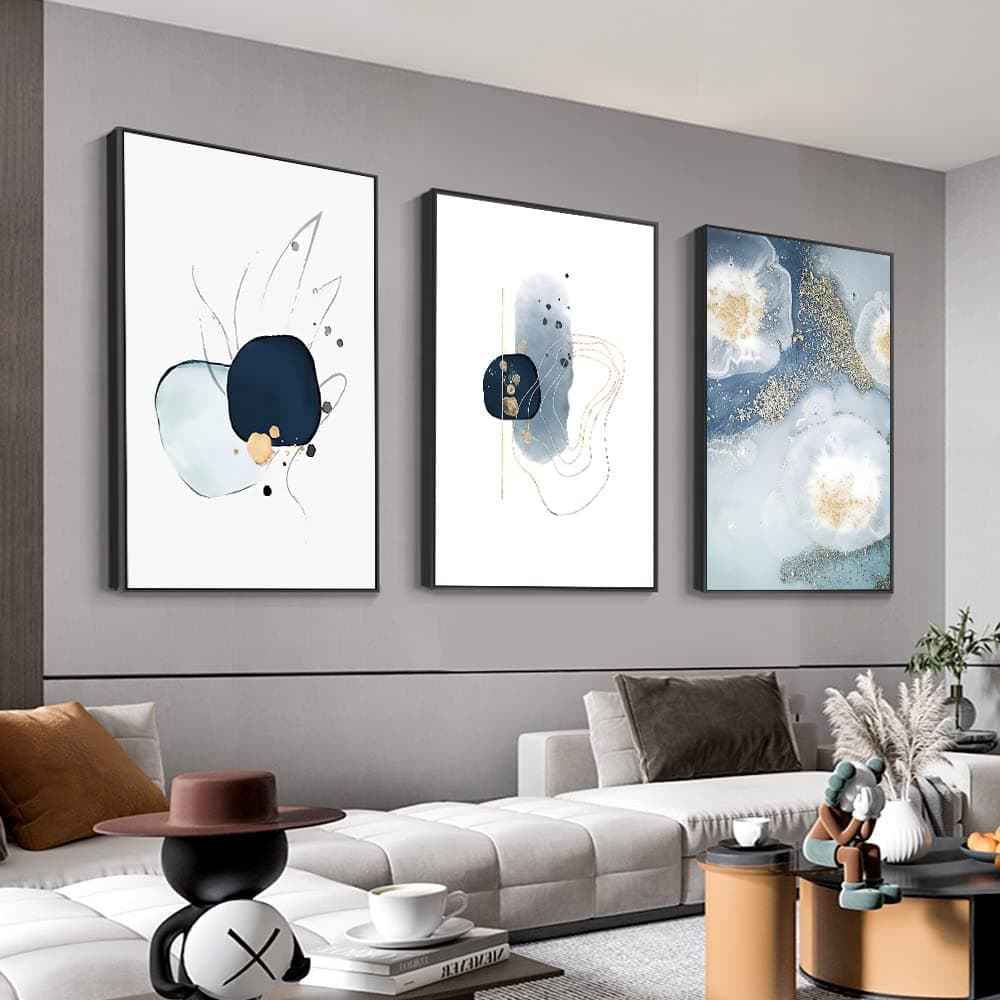 3 Framed Abstract Canvas Wall Art, Artwork in Blue, White and Grey, Simple and Elegant for Living Room Bedroom Office Decor 16" x 24" x 3 Pieces