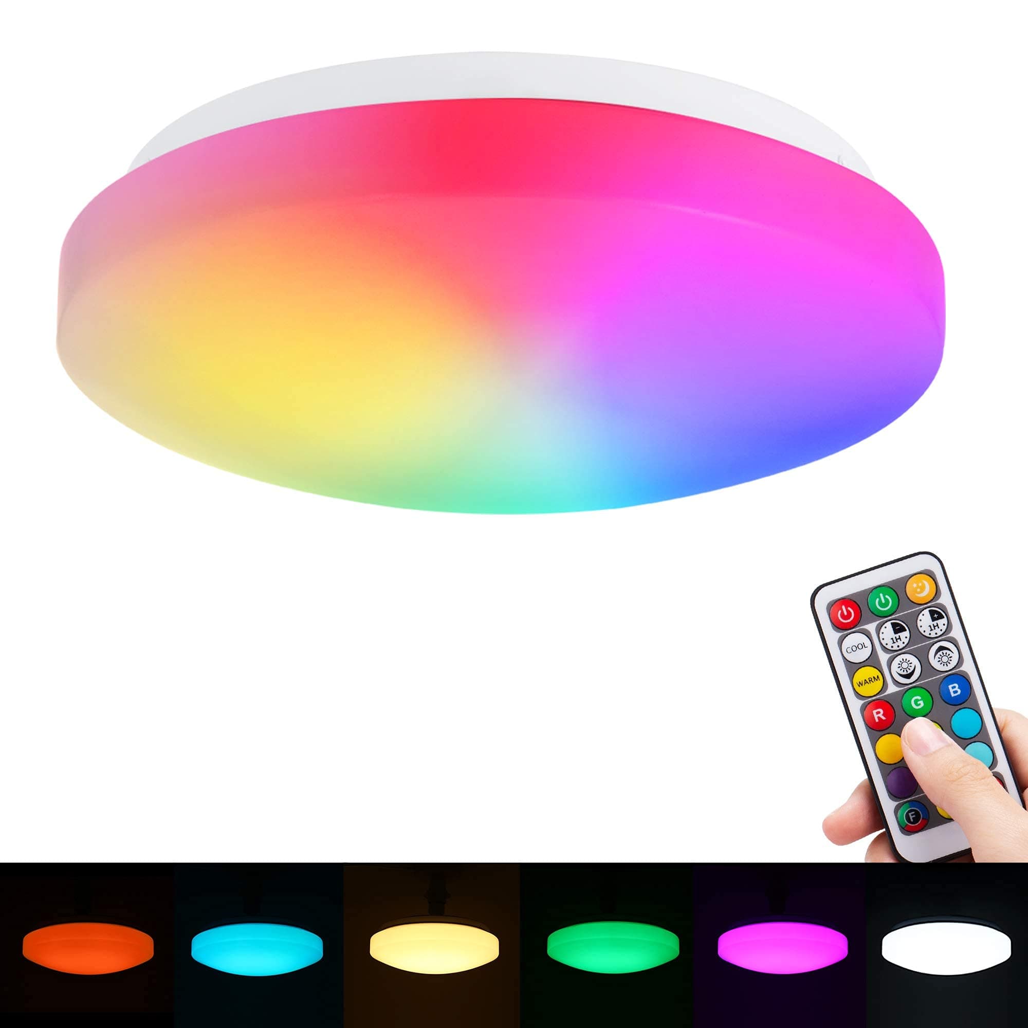 LED Ceiling Lights Colour Changing Dimmable, Techgomade 15W Colour Changing Light Ceiling with Remote Control, RGB+Cool+Warm White, IP44 Waterproof, Memory Function Indoor Ceiling Lighting for Bedroom [Energy Class F]