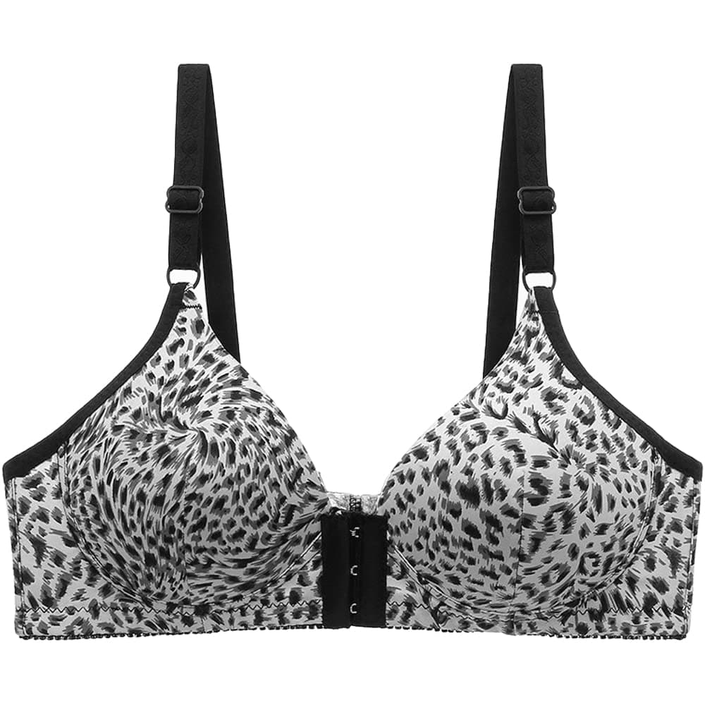 Leopard Print Front Hook Bra for Elderly Women, Wireless, Adjustable Shoulder Straps