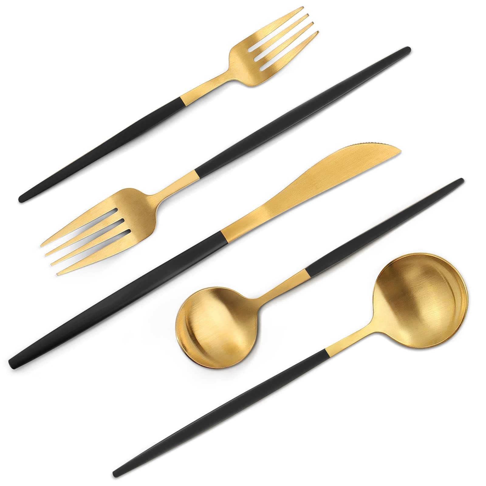 Matte Black Gold Silverware Set, 20-Piece Stainless Steel Flatware Set, Satin Finish tableware Cutlery Set, Service for 4, Home and Restaurant, Dishwasher Safe