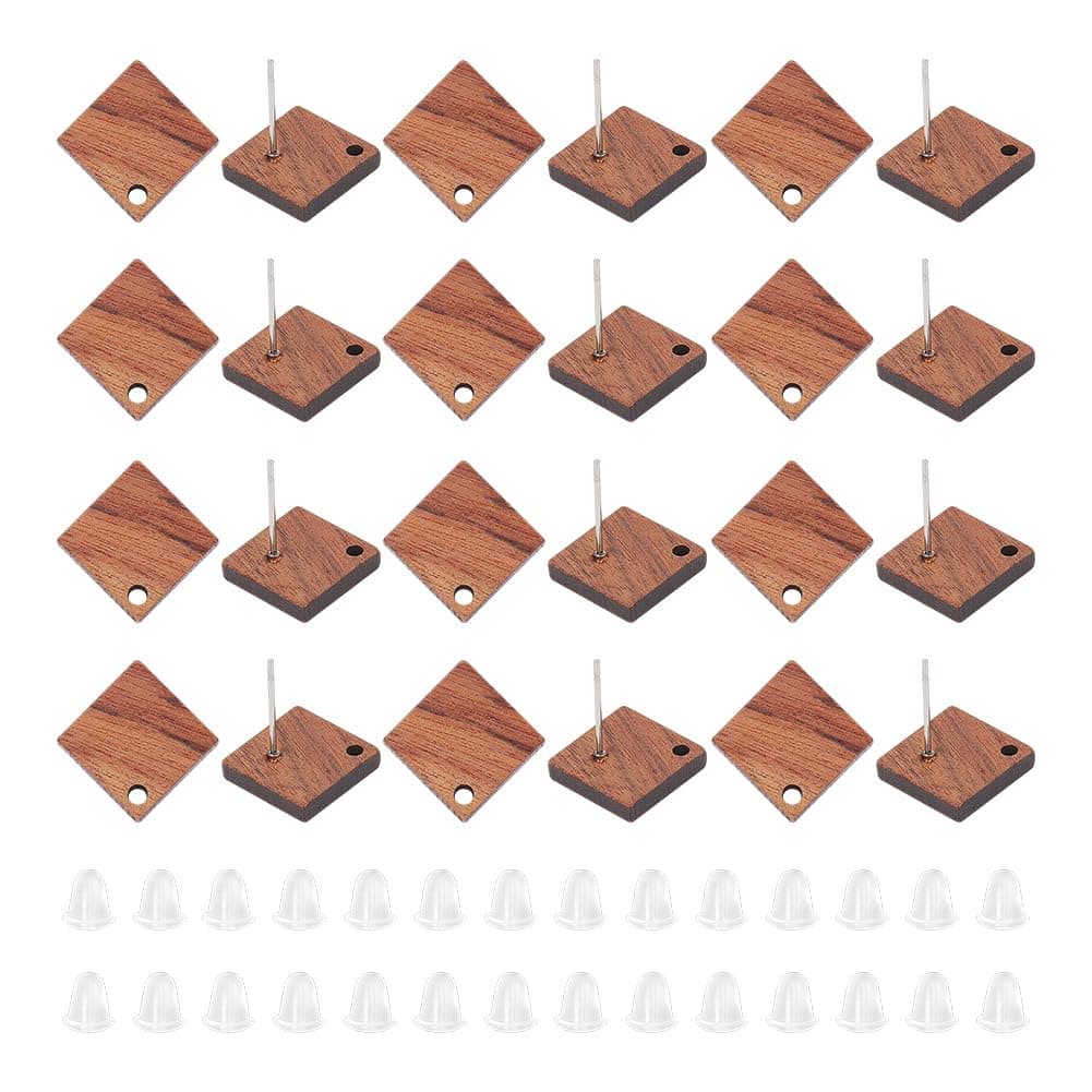 UNICRAFTALE30Pcs Camel Natural Wood Stud Earring Posts Earring Pin Studs with Loop Rhombus Wood Earring Studs Findings with 60Pcs Plastic Ear Nuts for DIY Wooden Earrings Making