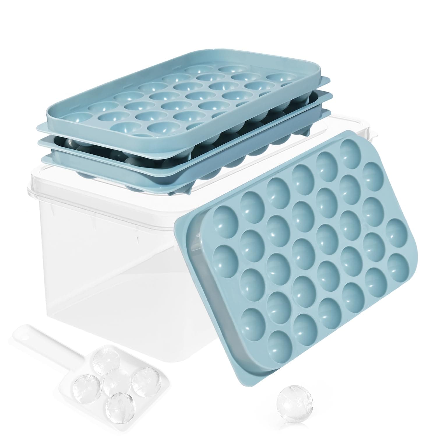 Ice Cube Trays with Lid and Bin, 0.8 IN Small Round Ice Cube Mold - Easy Release Stackable Ice Ball Maker for Cocktail,Whiskey and Drinks, BPA-Free(0.8in/64 balls&box)