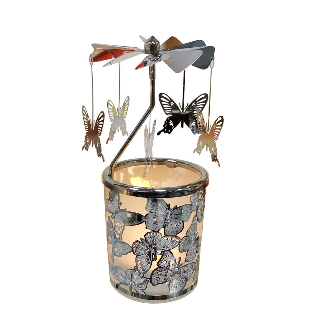 kingneroButterfly Lantern Carousel, Glass Tea Light Holder Carousel, Rotating Candle Holder Windmill Candle Family and Friends (Silver Butterfly)