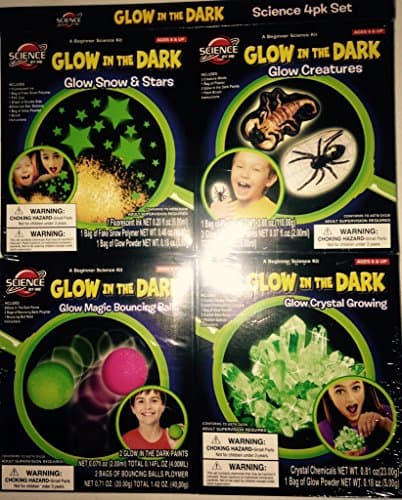 Science By Me Beginner Glow In The Dark Science Kit 4-Pack - Glow Snow & Stars - Glow Creatures - Glow Magic Bouncing Balls - Glow Crystal Growing
